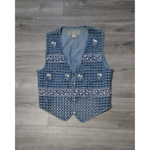 Vtg Tantrum Blues Floral Embroidered Woven Denim Vest‎ Large Cottagecore 90s